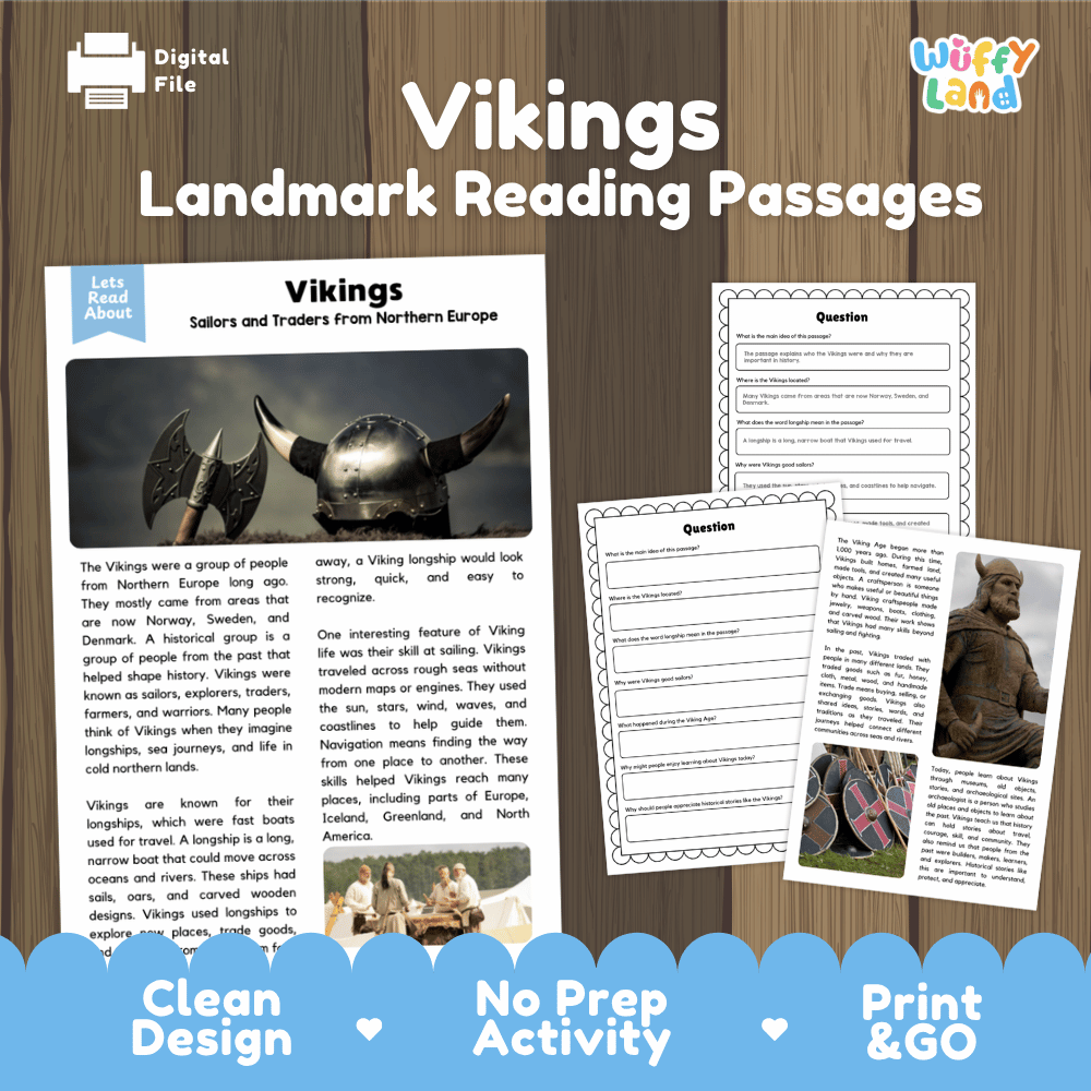 Vikings landmark reading passages educational study unit featuring nonfiction reading worksheets and authentic Viking helmet and axe photography