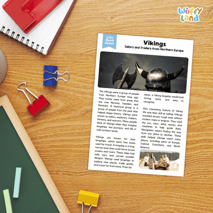 Lined reading comprehension question worksheet covering main ideas, vocabulary terms, and landmark facts about the Vikings