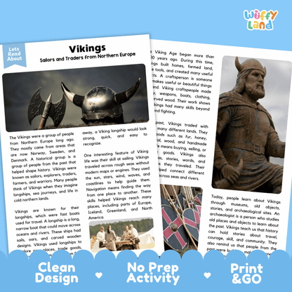 Reference sheet and answer key for Vikings landmark reading passage displaying completed comprehension answers and Norse history facts