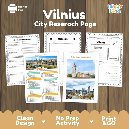 A digital preview of a Vilnius city research page activity sheet set on a wood background. The set includes a main worksheet with research questions, a blank title page, a map reference page, and a cityscape reference page.