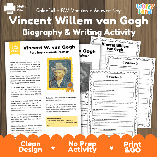 Vincent van Gogh biography reading comprehension worksheets with nonfiction passage, comprehension questions, writing activity and answer key for students