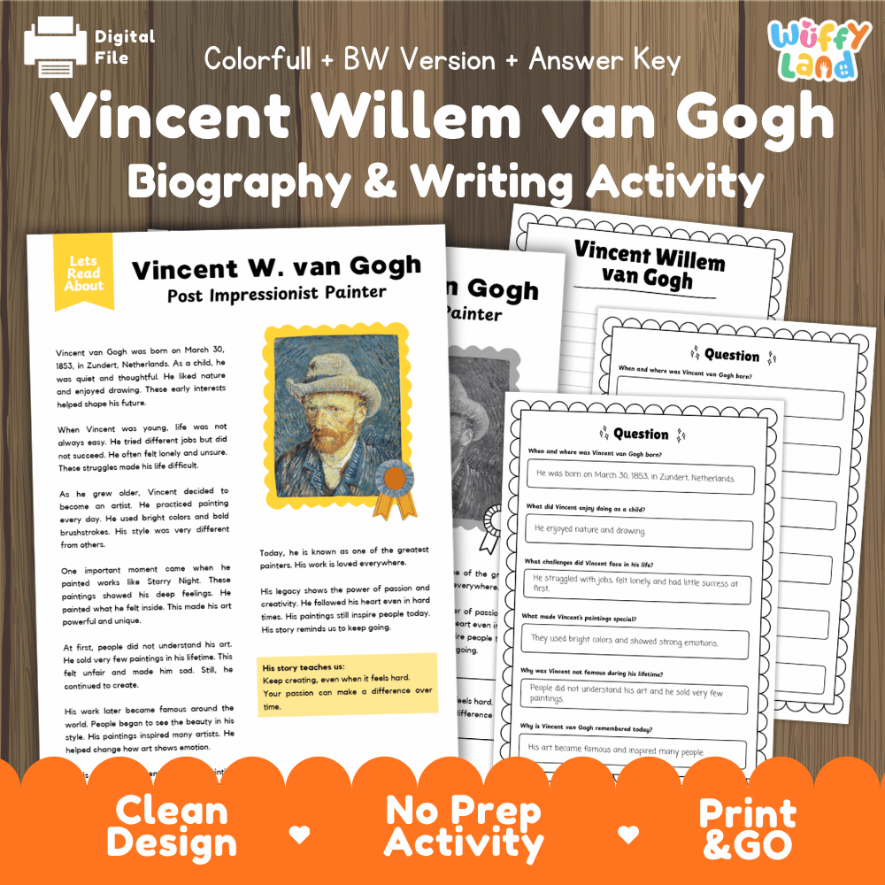 Vincent Willem van Gogh Biography Reading Passage and Writing Activity Worksheets