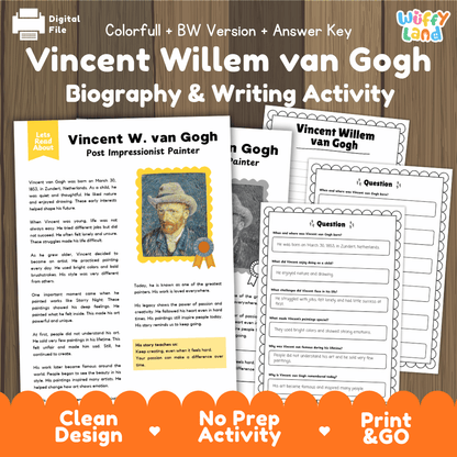 Vincent Willem van Gogh Biography Reading Passage and Writing Activity Worksheets