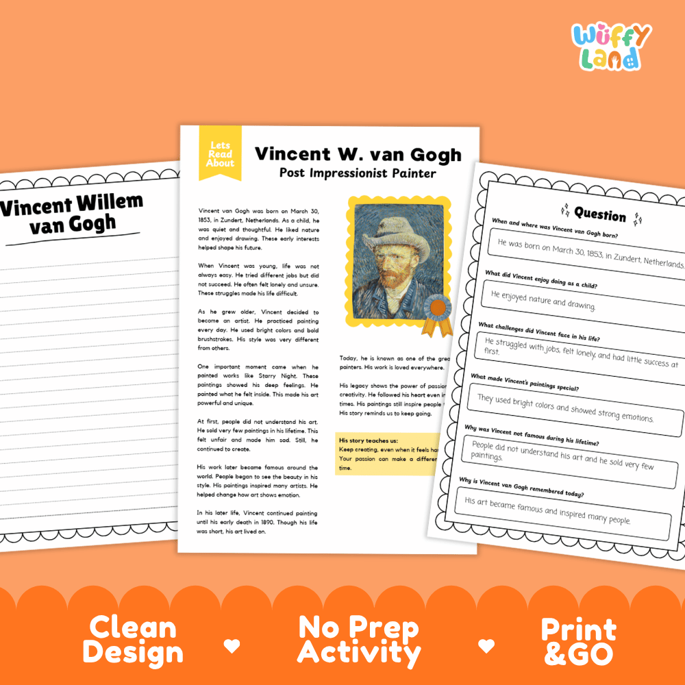 Vincent Willem van Gogh Biography Reading Passage and Writing Activity Worksheets