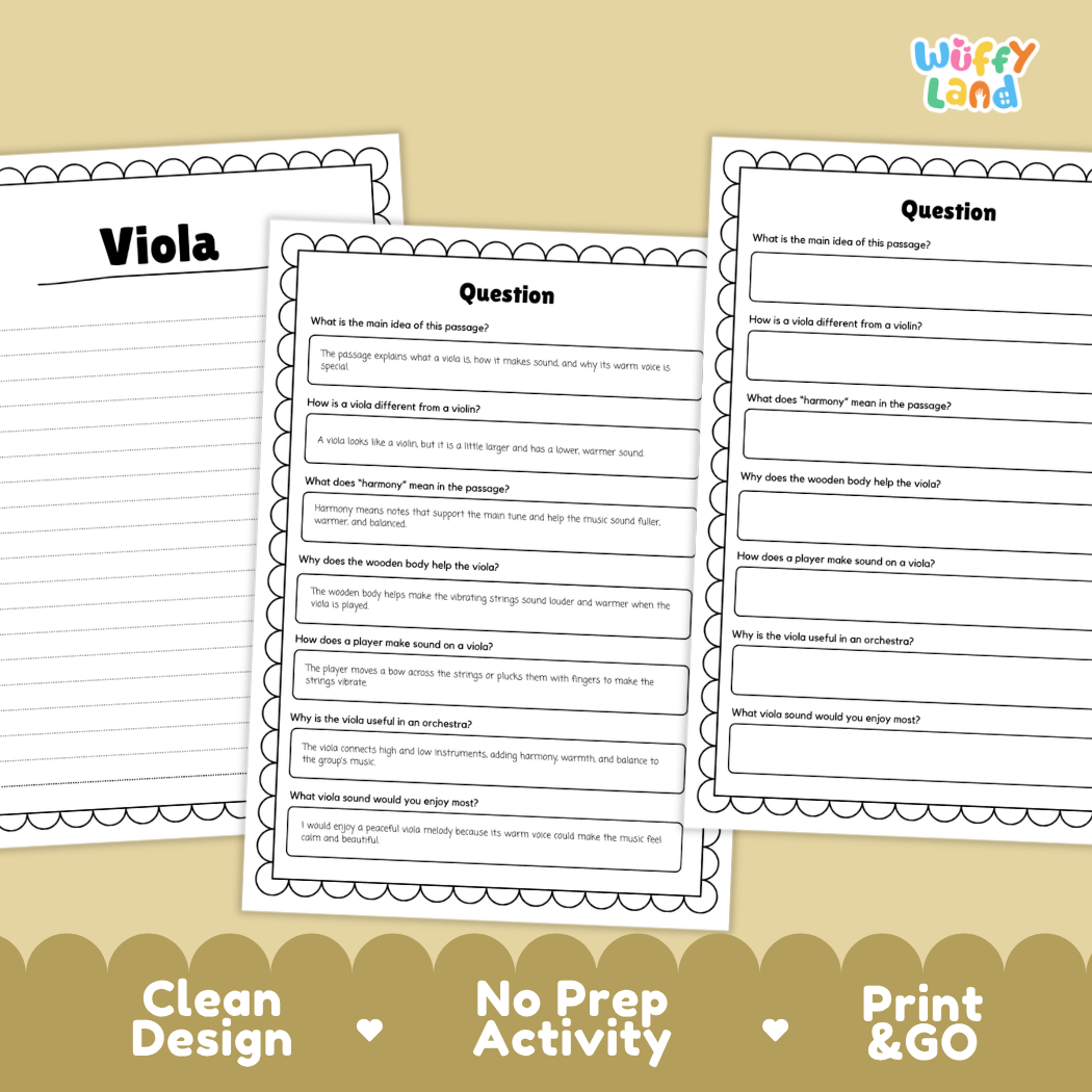 Informational reading passage page detailing the viola string instrument bow shoulder posture harmony and care with photos