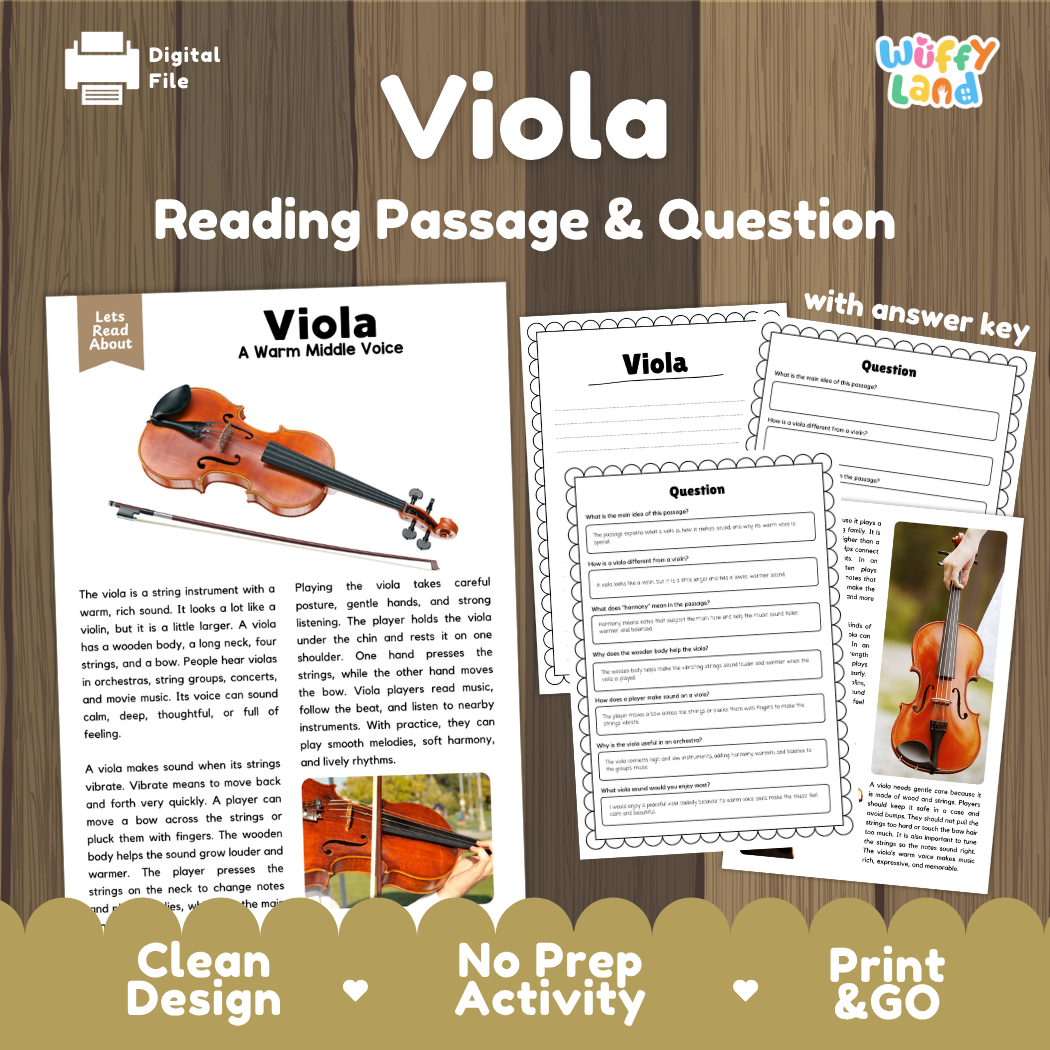 Viola reading comprehension passage and questions printable activity pack with answer key for elementary students