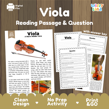 Viola reading comprehension passage and questions printable activity pack with answer key for elementary students