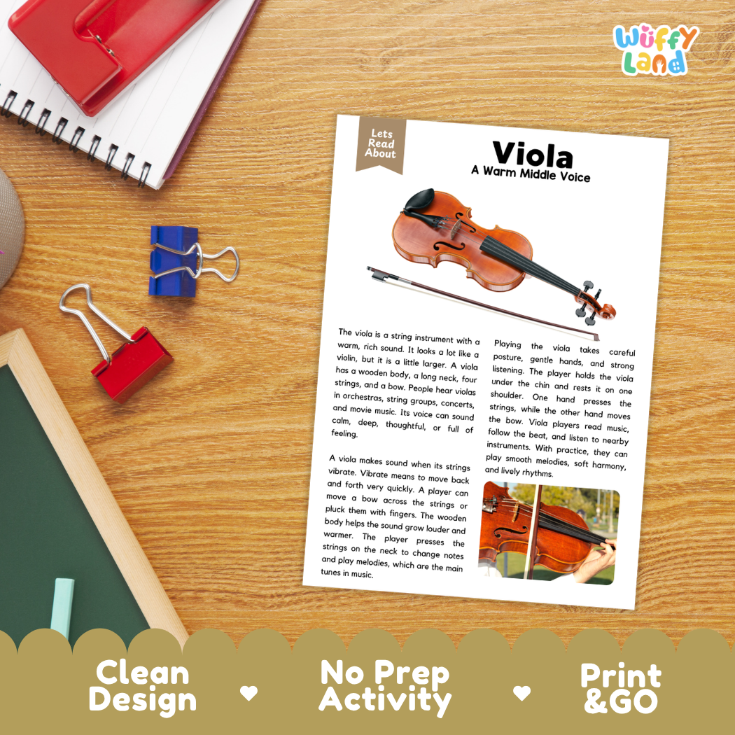 Student reading comprehension worksheet with short-answer questions and lined sections about the viola instrument