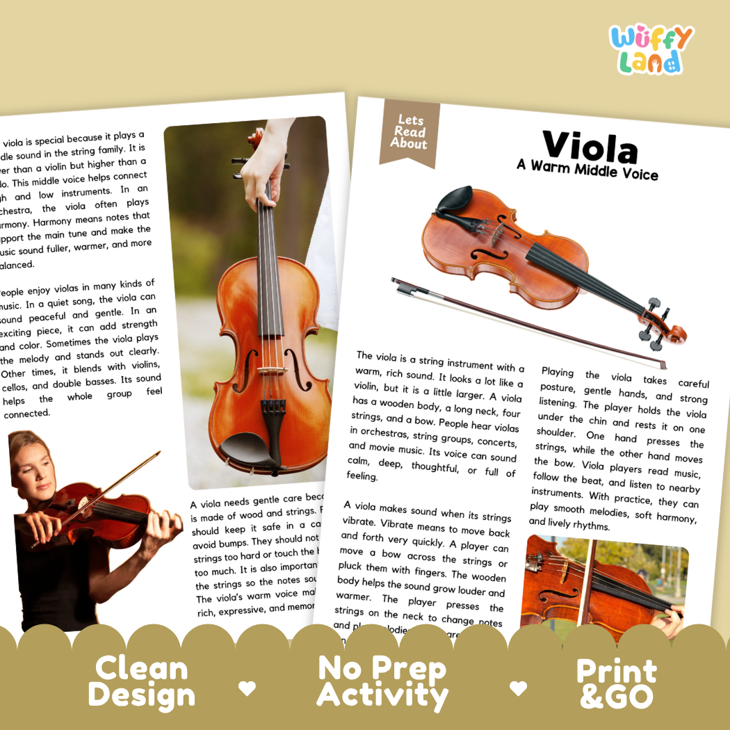 Teacher answer key page showing complete question solutions for Viola music education reading comprehension practice