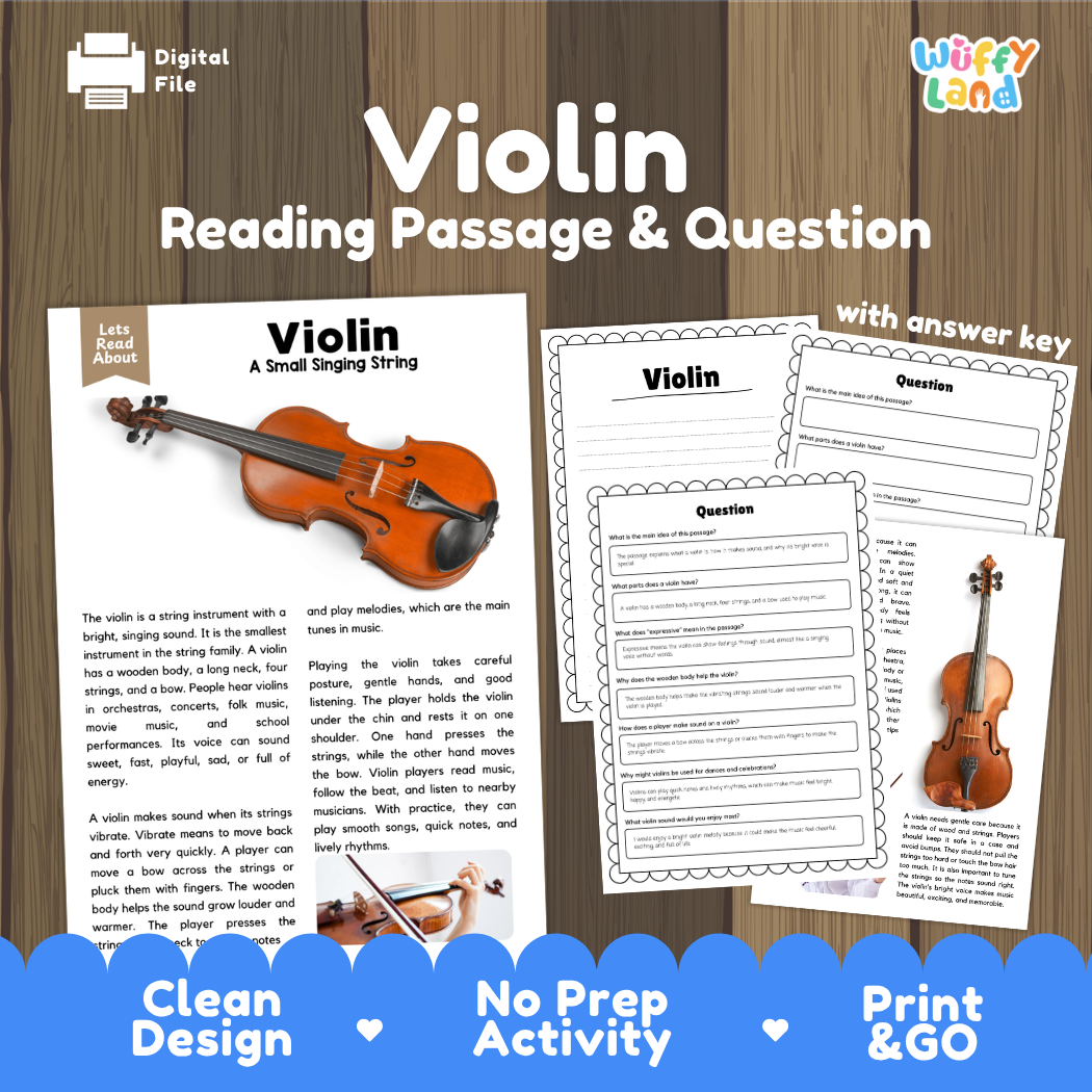 Violin reading comprehension passage and questions printable activity pack with answer key for elementary students