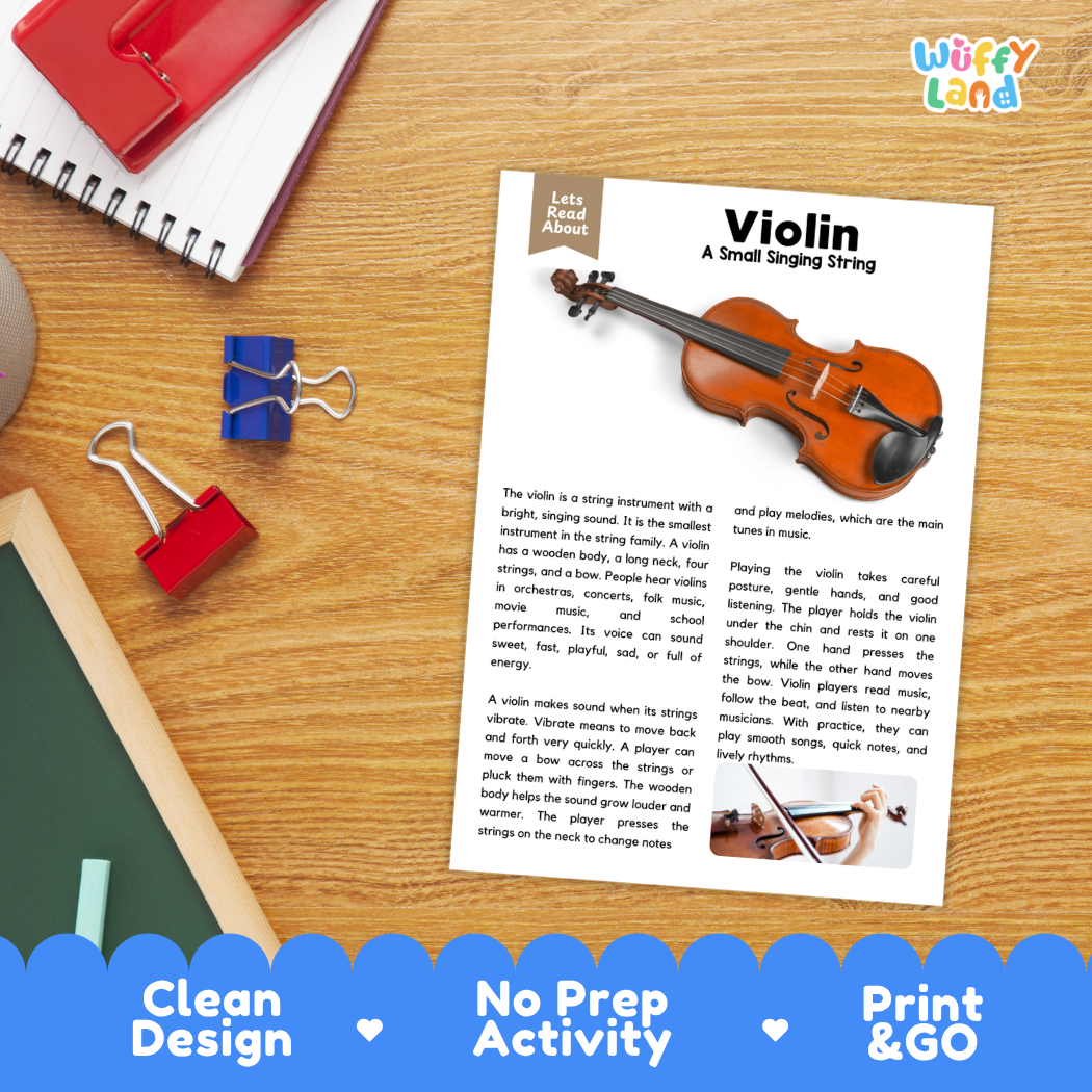Student reading comprehension worksheet with short-answer questions and lined sections about the violin instrument