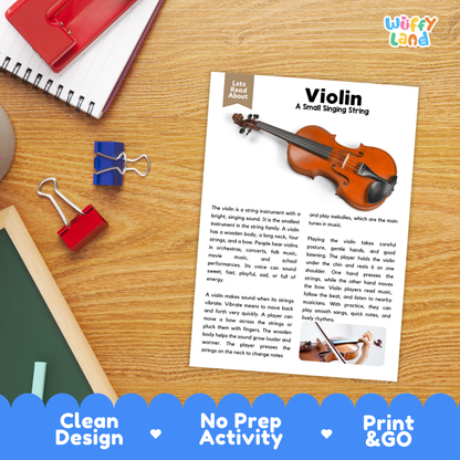 Student reading comprehension worksheet with short-answer questions and lined sections about the violin instrument