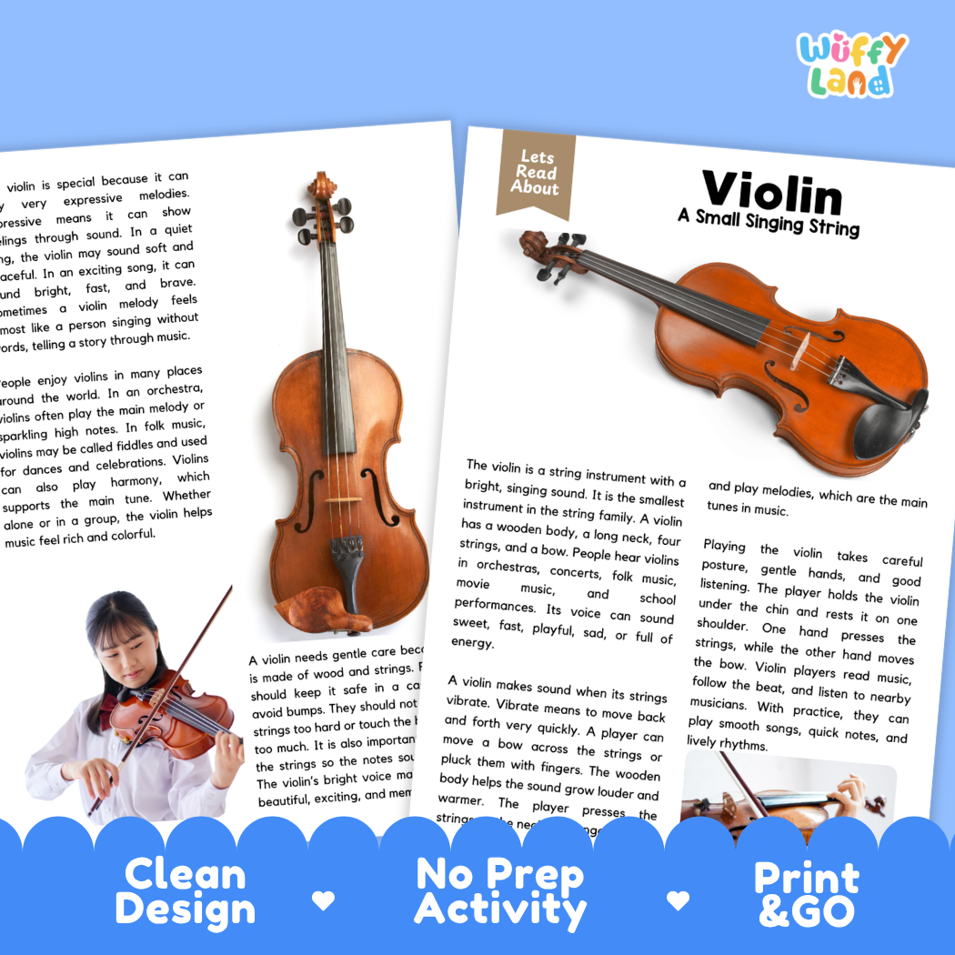 Teacher answer key page showing complete question solutions for Violin music education reading comprehension practice