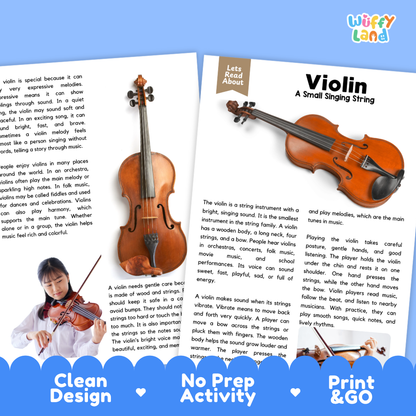 Teacher answer key page showing complete question solutions for Violin music education reading comprehension practice