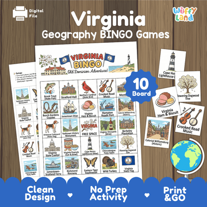 Virginia Geography BINGO Game Old Dominion State Activity Printable Boards