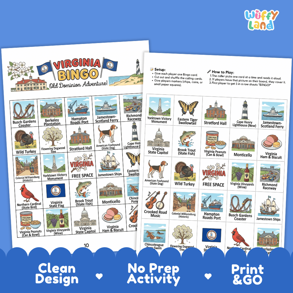 Virginia Geography BINGO Game Old Dominion State Activity Printable Boards