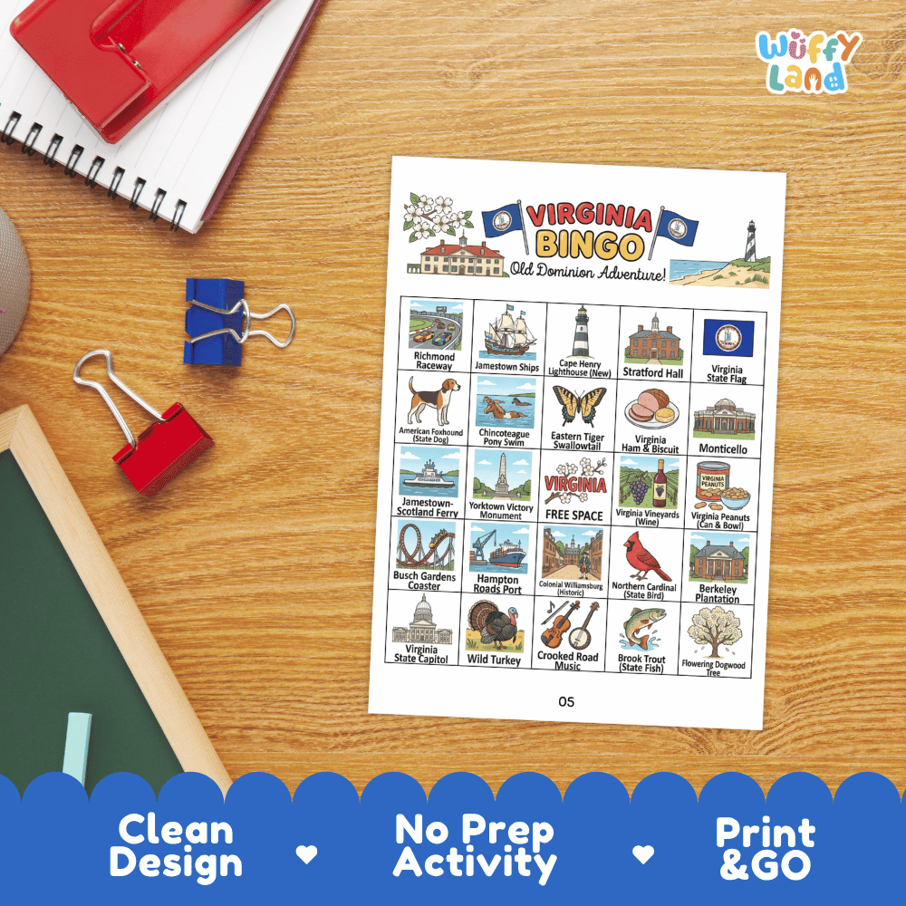 Virginia Geography BINGO Game Old Dominion State Activity Printable Boards