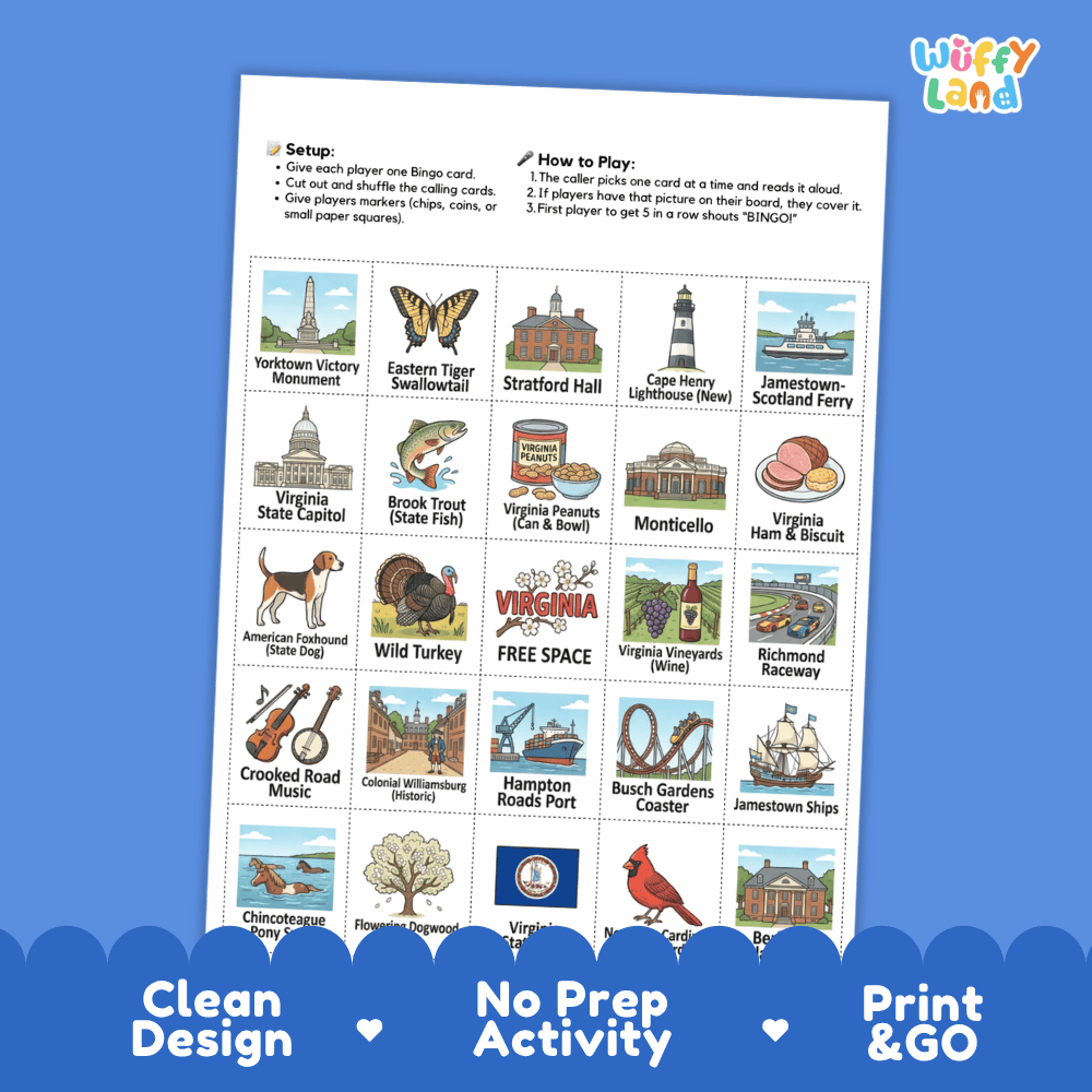 Virginia Geography BINGO Game Old Dominion State Activity Printable Boards