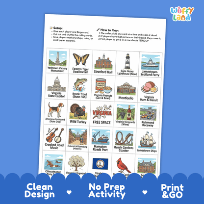 Virginia Geography BINGO Game Old Dominion State Activity Printable Boards