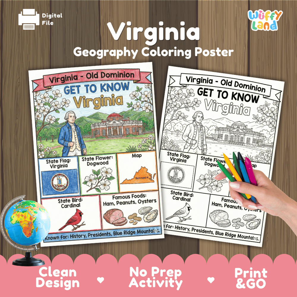 Virginia State Geography Coloring Poster and Activity Worksheet