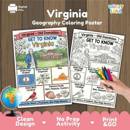 Virginia State Geography Coloring Poster and Activity Worksheet