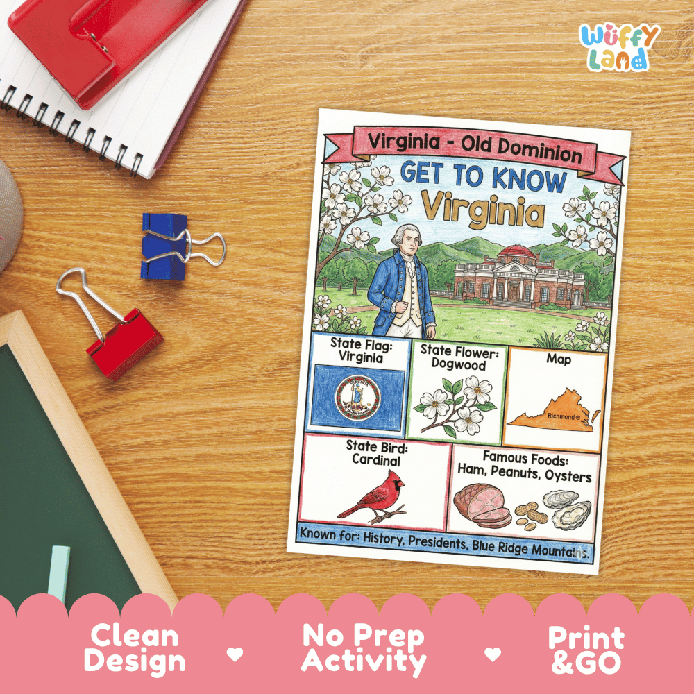 Virginia State Geography Coloring Poster and Activity Worksheet