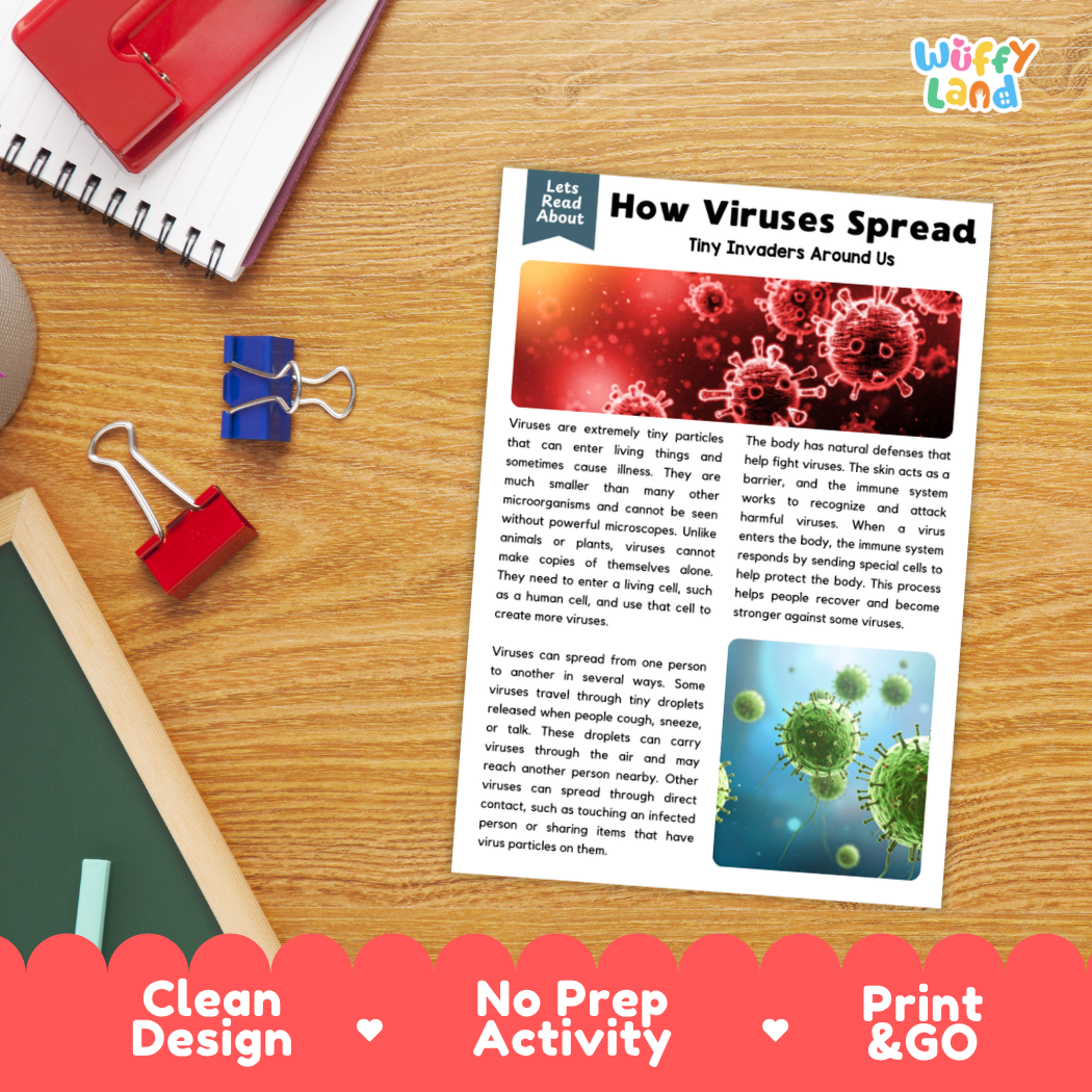 Printable student worksheet with short-answer reading comprehension questions covering viruses and health science