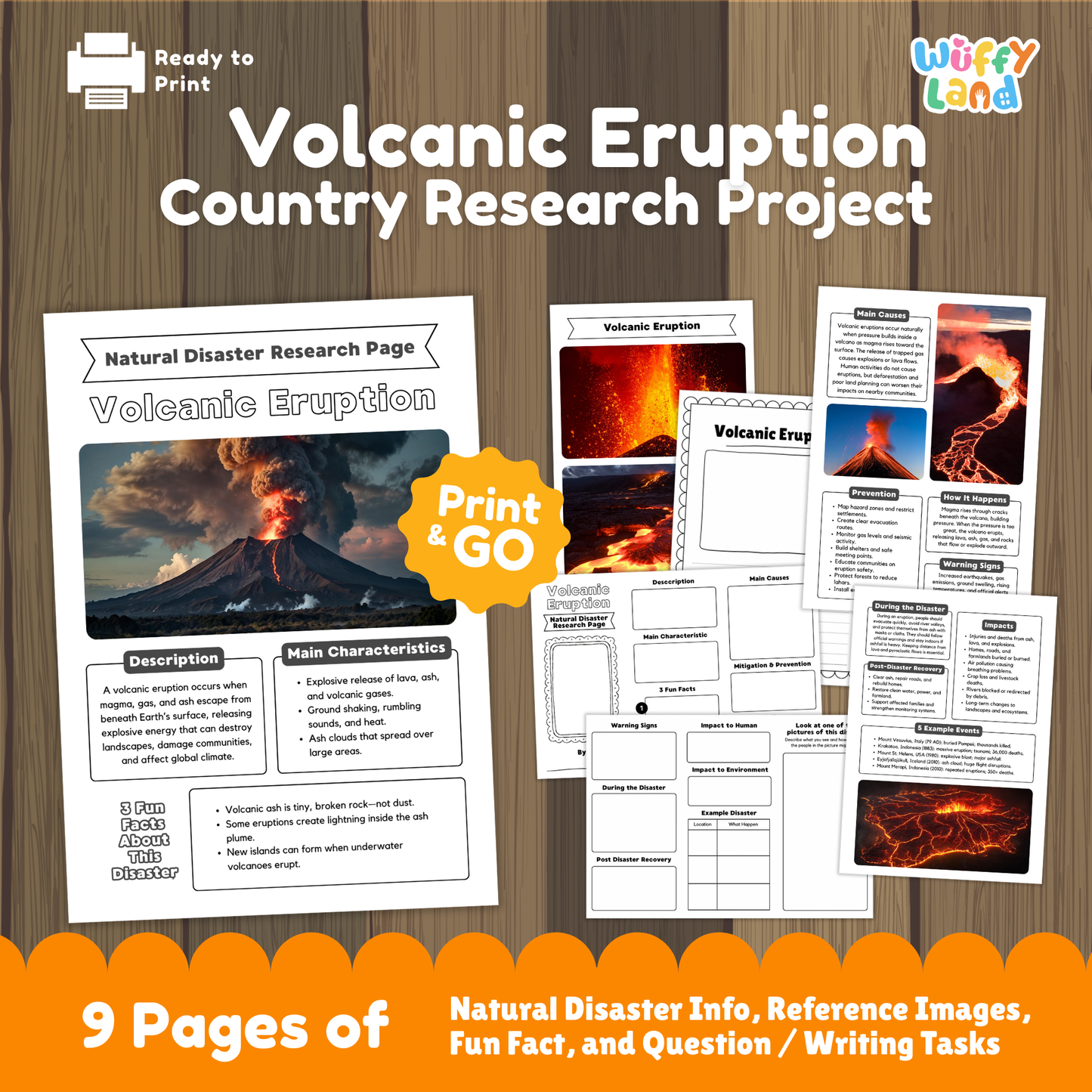 Volcanic eruption country research project worksheets featuring an eruption photo cover page, informational pages, cause and impact sections, and student activity templates for learning about volcanoes.
