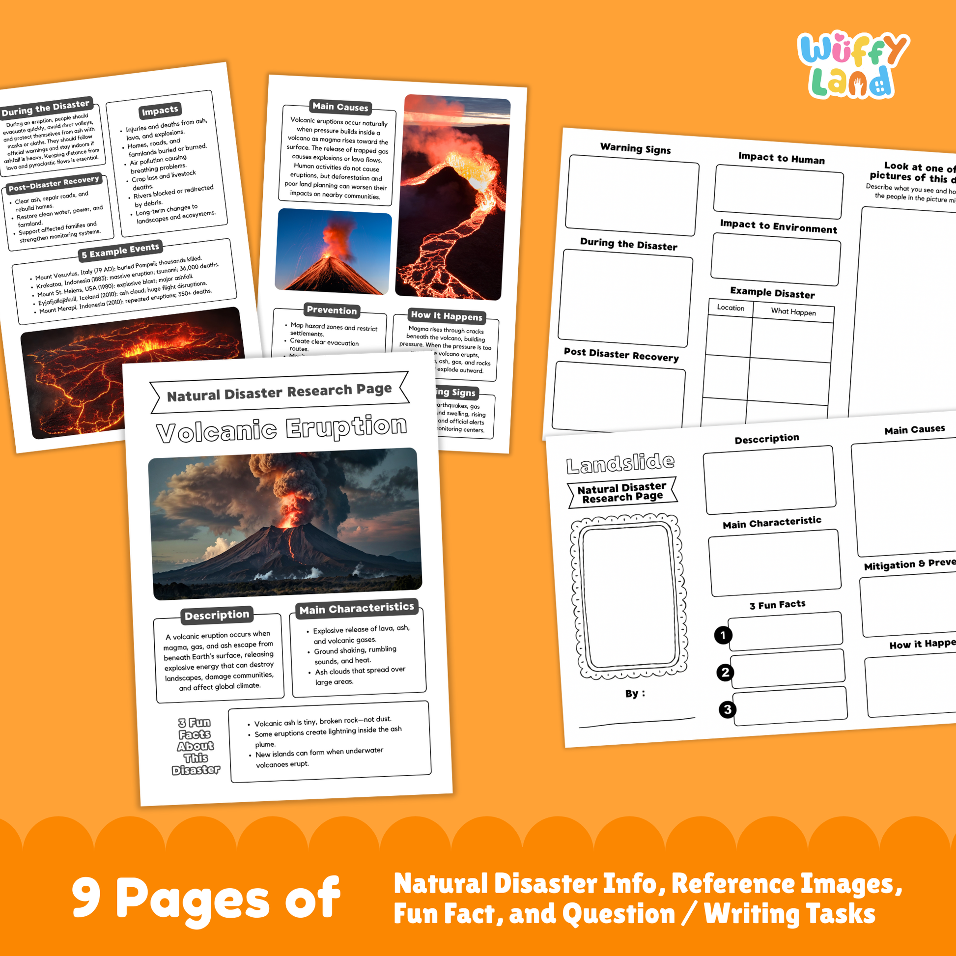 Volcanic eruption country research project worksheets featuring an eruption photo cover page, informational pages, cause and impact sections, and student activity templates for learning about volcanoes.