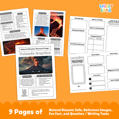 Volcanic eruption country research project worksheets featuring an eruption photo cover page, informational pages, cause and impact sections, and student activity templates for learning about volcanoes.