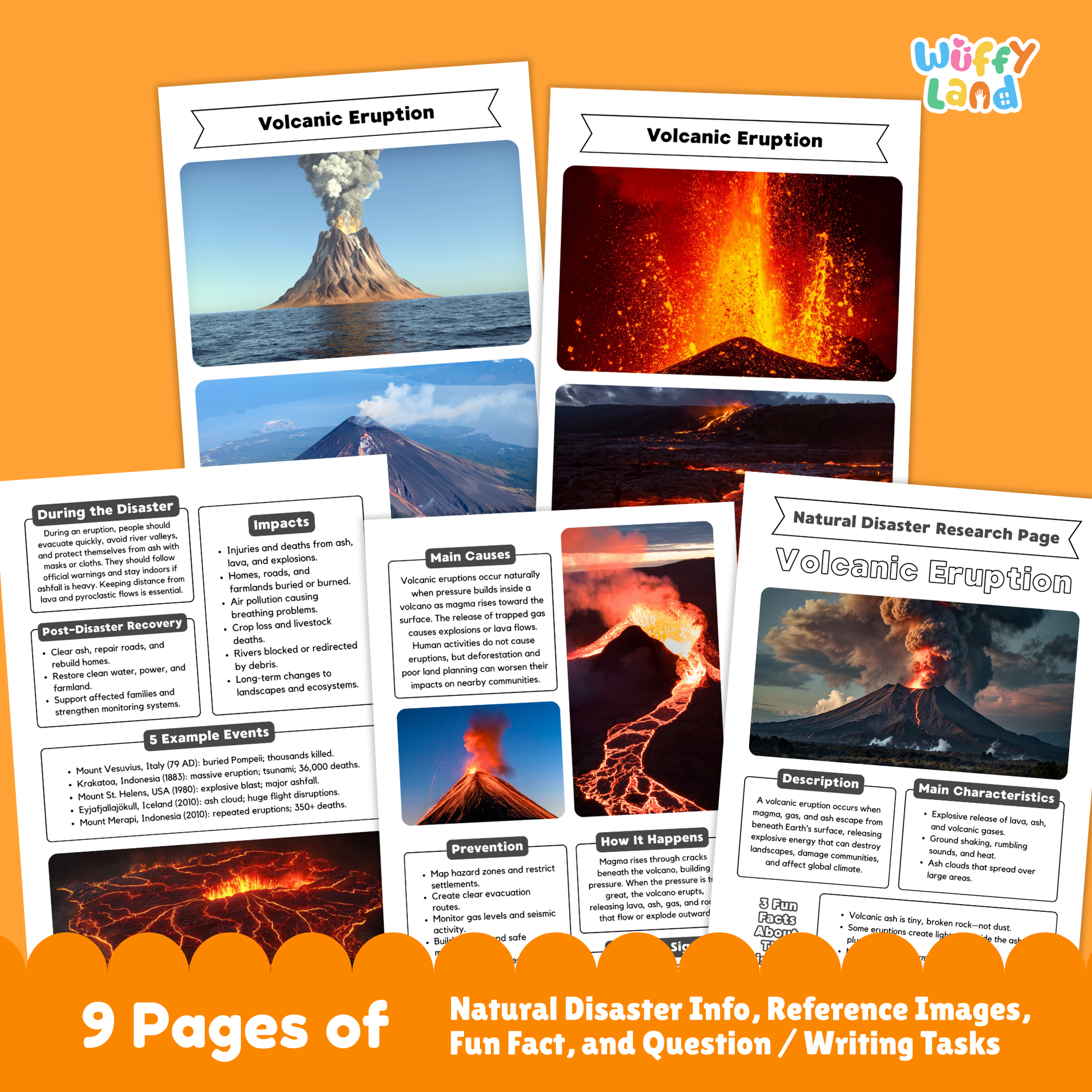 Volcanic eruption country research project worksheets featuring an eruption photo cover page, informational pages, cause and impact sections, and student activity templates for learning about volcanoes.