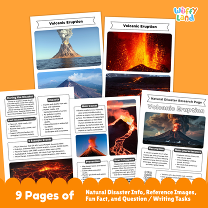 Volcanic eruption country research project worksheets featuring an eruption photo cover page, informational pages, cause and impact sections, and student activity templates for learning about volcanoes.