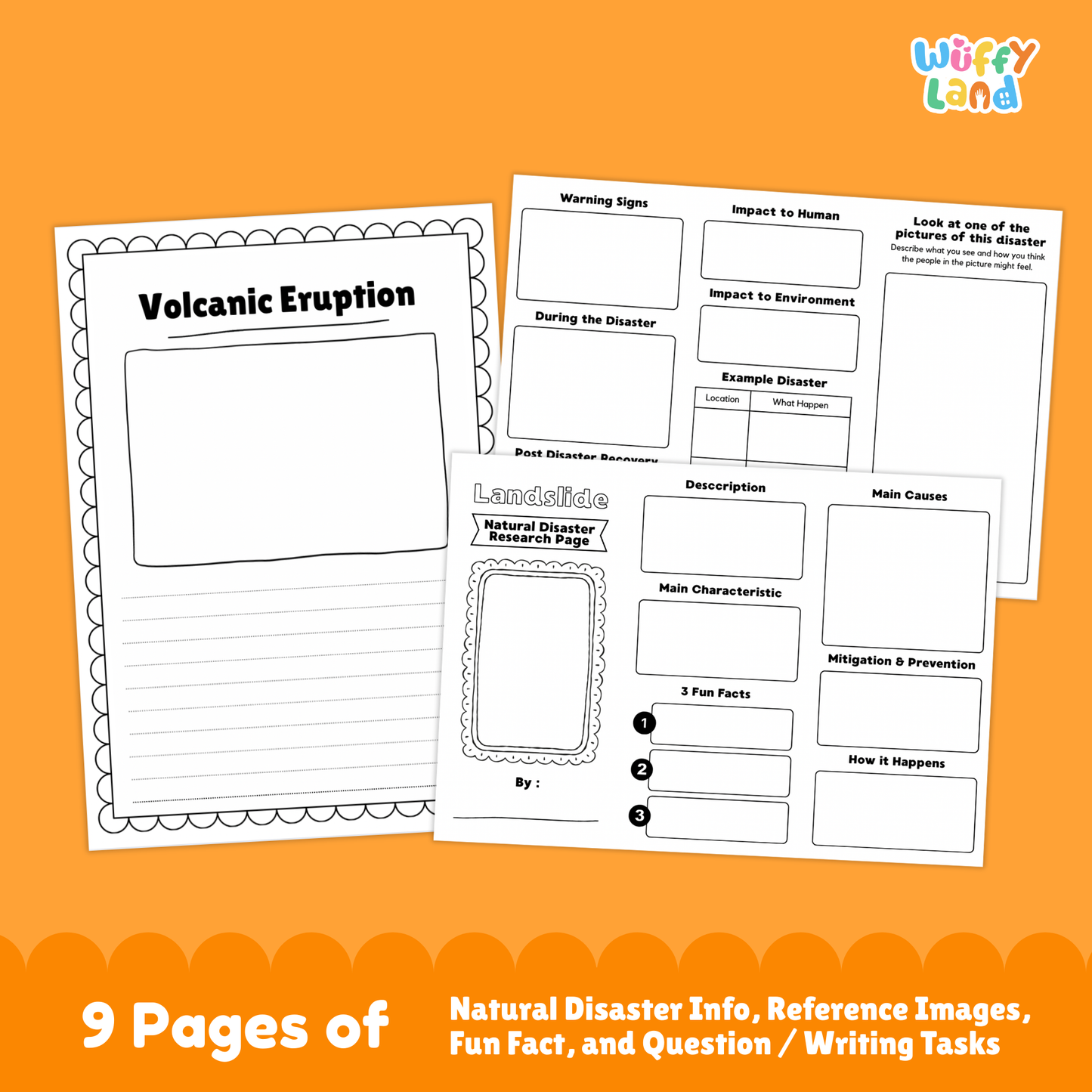 Volcanic eruption country research project worksheets featuring an eruption photo cover page, informational pages, cause and impact sections, and student activity templates for learning about volcanoes.
