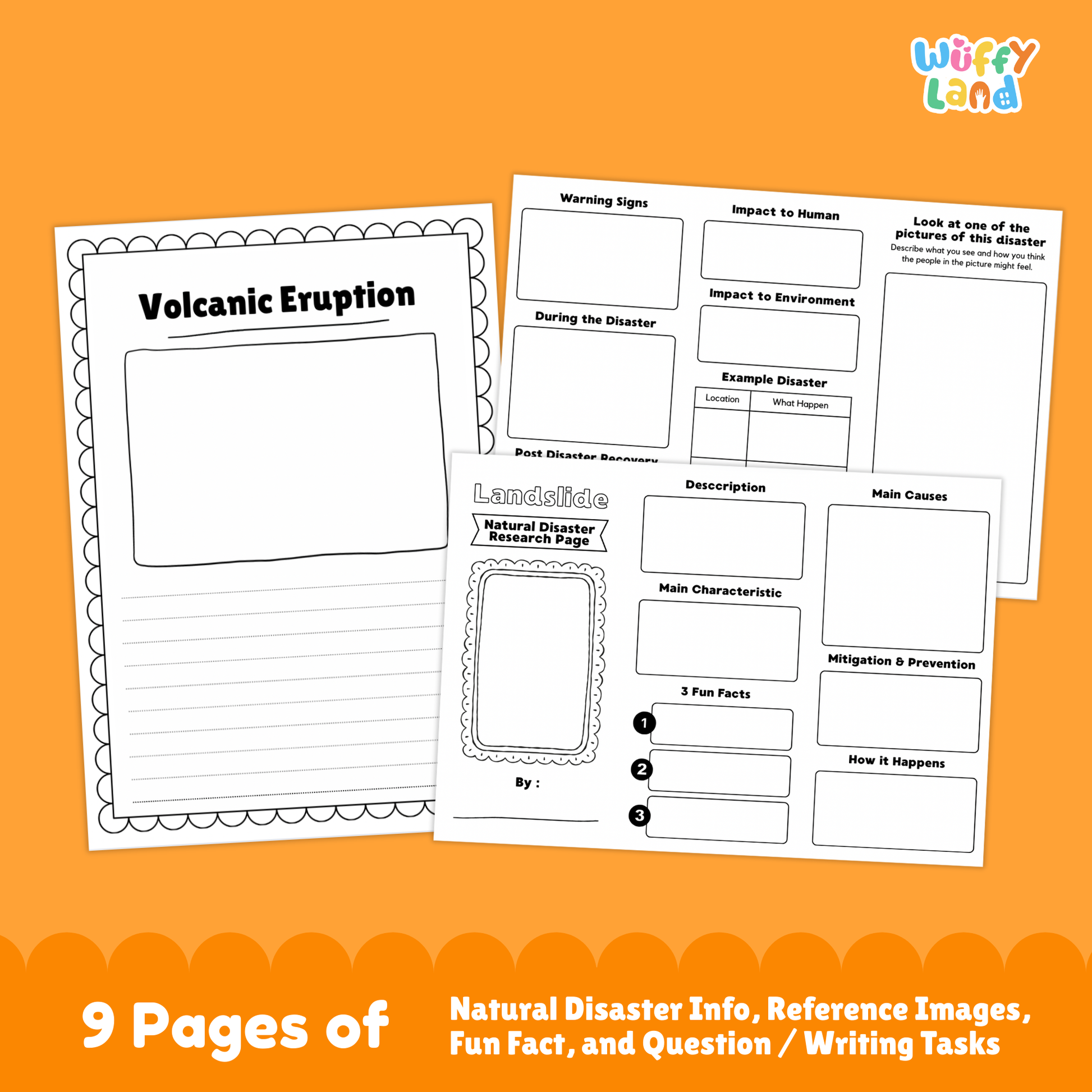 Volcanic eruption country research project worksheets featuring an eruption photo cover page, informational pages, cause and impact sections, and student activity templates for learning about volcanoes.