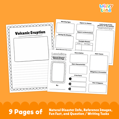 Volcanic eruption country research project worksheets featuring an eruption photo cover page, informational pages, cause and impact sections, and student activity templates for learning about volcanoes.