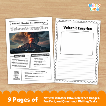 Volcanic eruption country research project worksheets featuring an eruption photo cover page, informational pages, cause and impact sections, and student activity templates for learning about volcanoes.