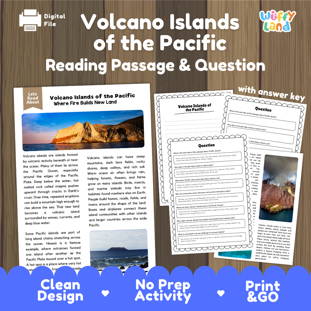 Volcano Islands of the Pacific reading comprehension passage and questions printable activity pack with answer key for elementary students