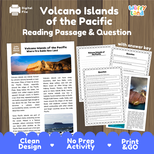 Volcano Islands of the Pacific reading comprehension passage and questions printable activity pack with answer key for elementary students