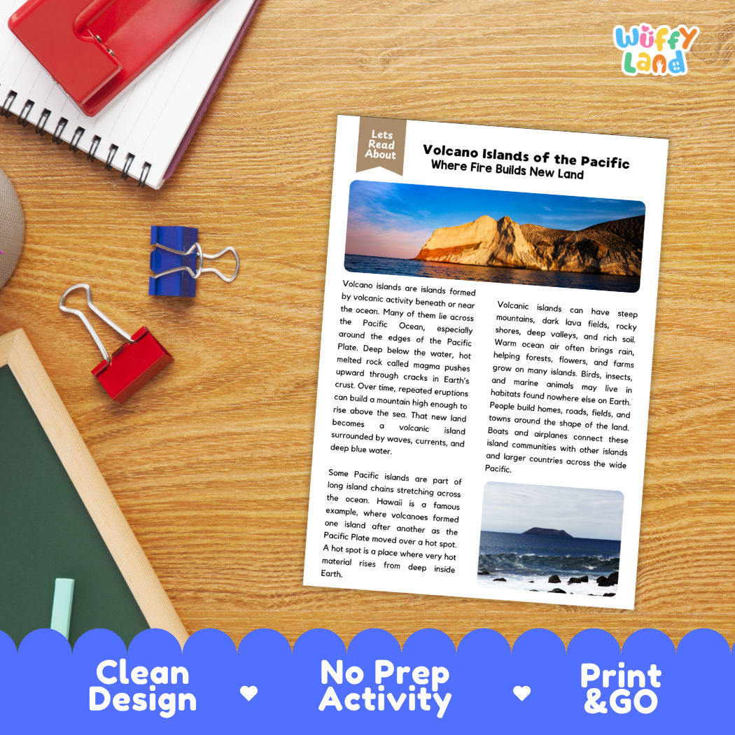 Student reading comprehension worksheet with short-answer questions and lined sections about Pacific volcano islands