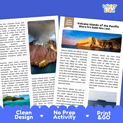 Teacher answer key page showing complete question solutions for Pacific volcano islands science and geography reading comprehension practice