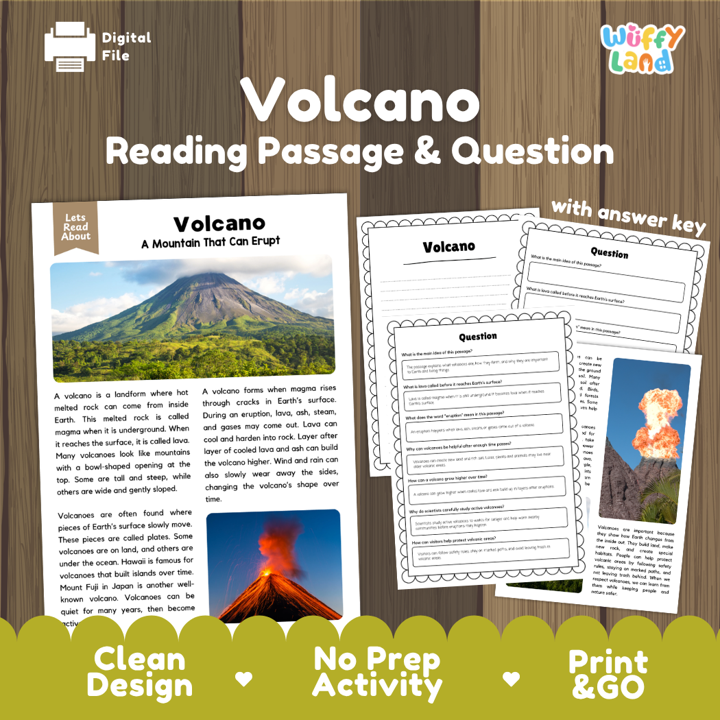Digital reading activity product for volcanoes, showing a sample worksheet page, an answer key page, and question sheets on a wood-textured background with promotional text at the bottom.