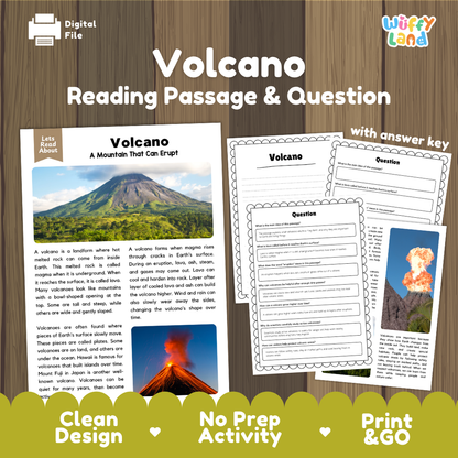 Digital reading activity product for volcanoes, showing a sample worksheet page, an answer key page, and question sheets on a wood-textured background with promotional text at the bottom.