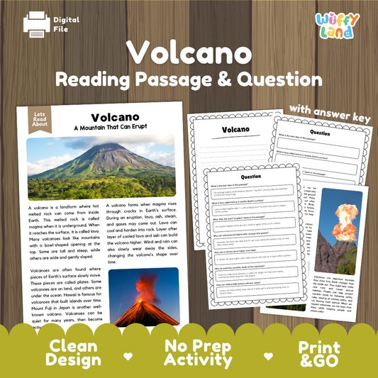 Digital reading activity product for volcanoes, showing a sample worksheet page, an answer key page, and question sheets on a wood-textured background with promotional text at the bottom.