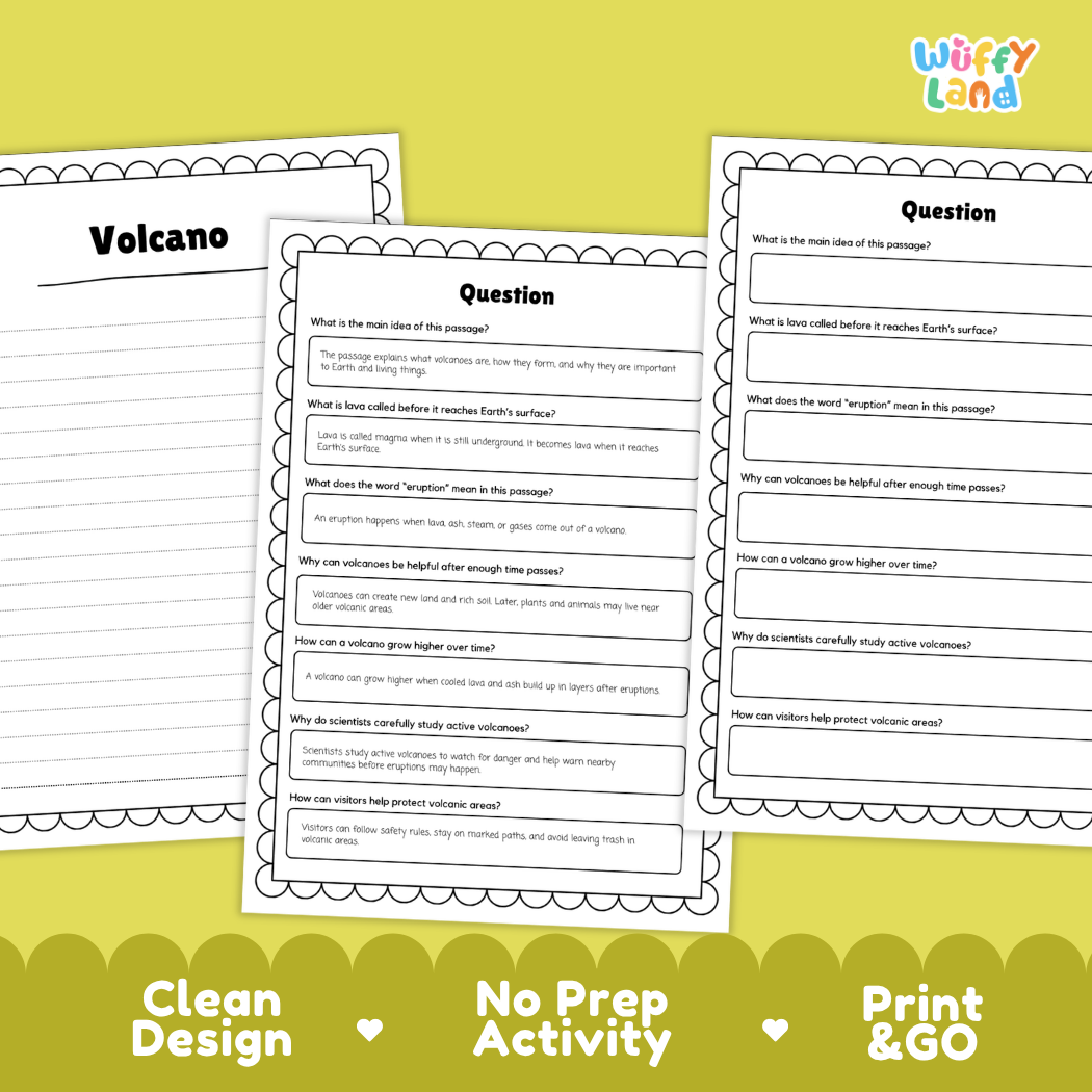 Volcano Reading Passage and Comprehension Questions Worksheets Landforms