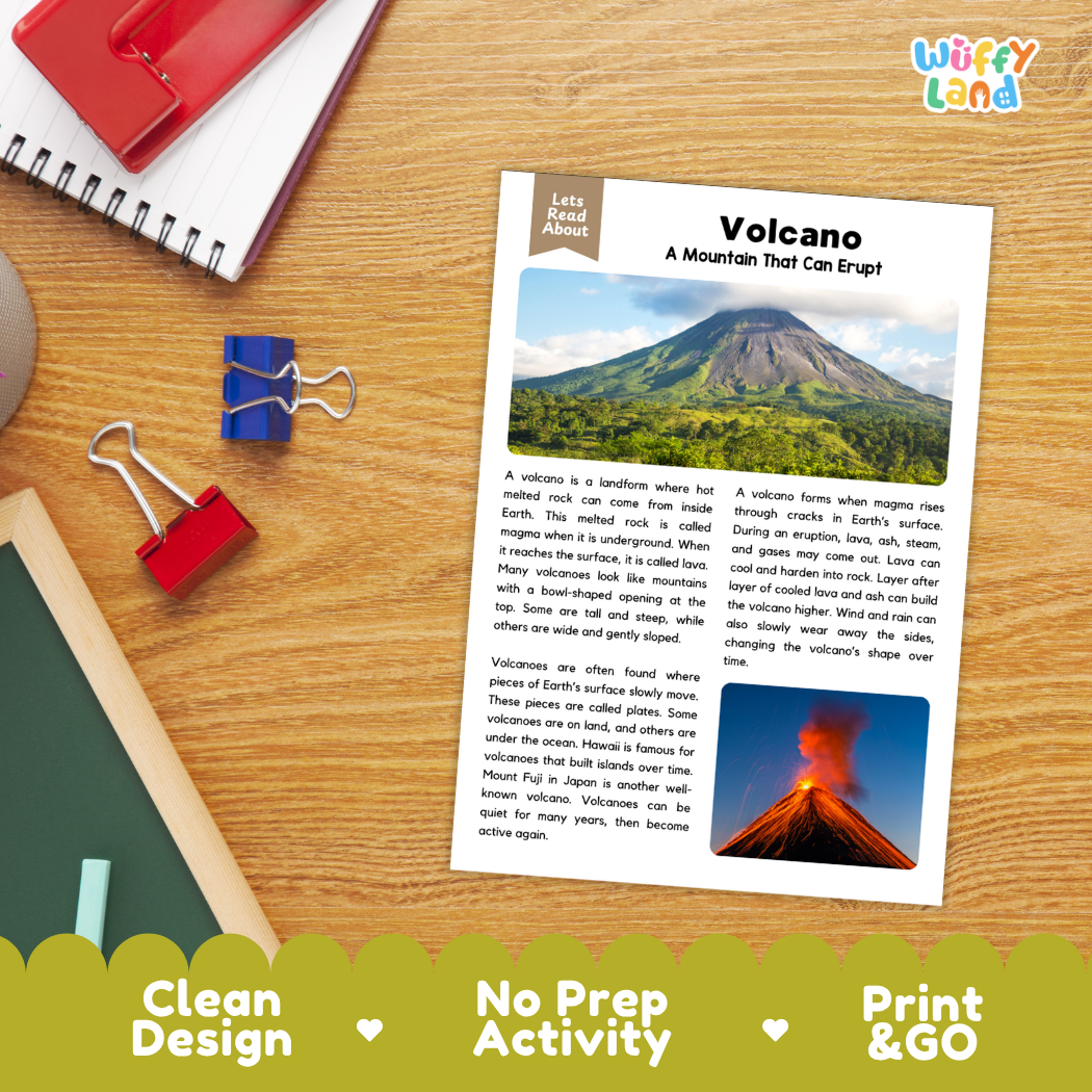 Volcano Reading Passage and Comprehension Questions Worksheets Landforms