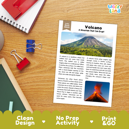 Volcano Reading Passage and Comprehension Questions Worksheets Landforms