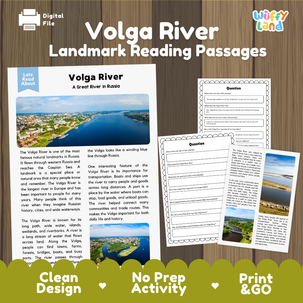 Digital reading activity bundle for Volga River Landmark Reading Passages, featuring a wooden background with a sample worksheet page, answer sheets, and a small map print. The brand 'Wiffly Land' is visible in the top right corner.