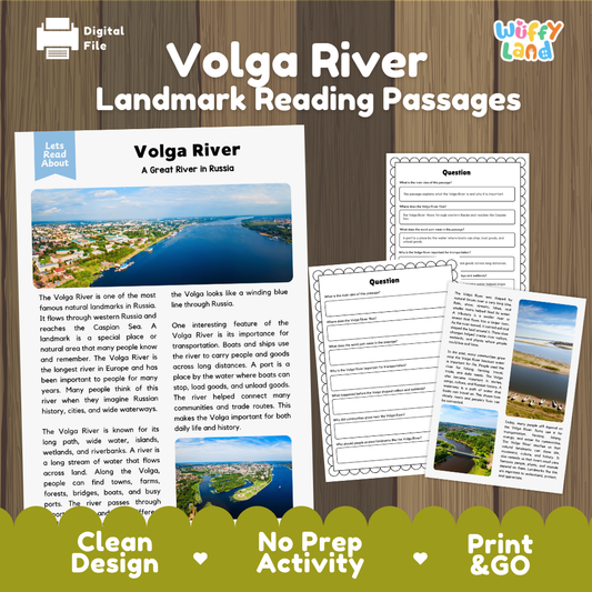 Digital reading activity bundle for Volga River Landmark Reading Passages, featuring a wooden background with a sample worksheet page, answer sheets, and a small map print. The brand 'Wiffly Land' is visible in the top right corner.