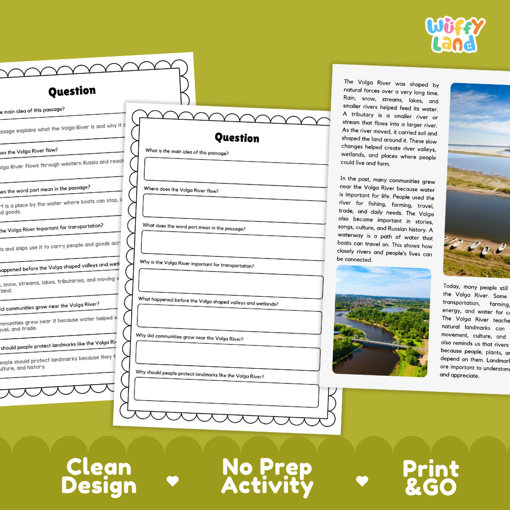 Three educational worksheet pages about the Village River and its landscape are shown overlapping on a white background, with a green banner at the bottom reading 'Clean Design', 'No Prep Activity', and 'Print & GO'. The pages include text prompts, a map, and a landscape photo.