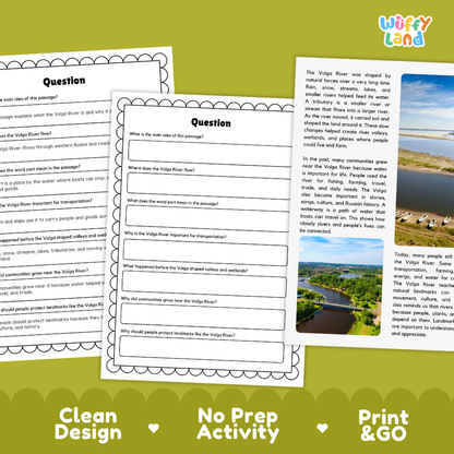 Three educational worksheet pages about the Village River and its landscape are shown overlapping on a white background, with a green banner at the bottom reading 'Clean Design', 'No Prep Activity', and 'Print & GO'. The pages include text prompts, a map, and a landscape photo.